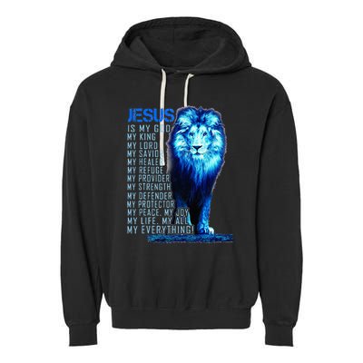 Jesus Is My God King My Lord My Savior Blue Lion Christian Garment-Dyed Fleece Hoodie