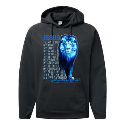 Jesus Is My God King My Lord My Savior Blue Lion Christian Performance Fleece Hoodie