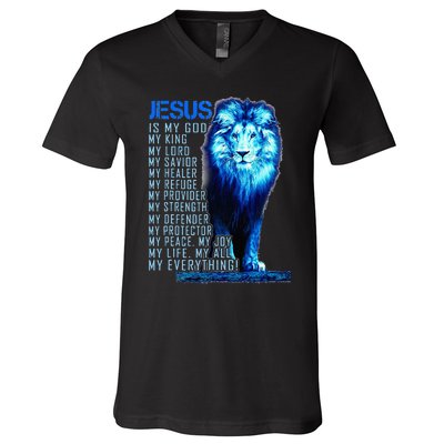 Jesus Is My God King My Lord My Savior Blue Lion Christian V-Neck T-Shirt