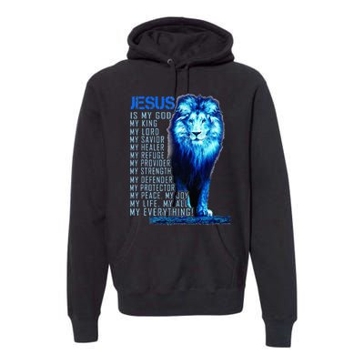 Jesus Is My God King My Lord My Savior Blue Lion Christian Premium Hoodie