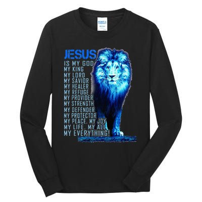 Jesus Is My God King My Lord My Savior Blue Lion Christian Tall Long Sleeve T-Shirt