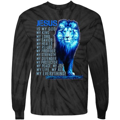 Jesus Is My God King My Lord My Savior Blue Lion Christian Tie-Dye Long Sleeve Shirt