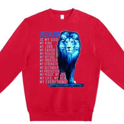 Jesus Is My God King My Lord My Savior Blue Lion Christian Premium Crewneck Sweatshirt