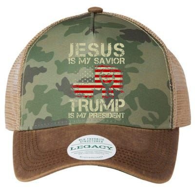 Jesus Is My Savior Trump Is My President Trump 2024 USA Flag Legacy Tie Dye Trucker Hat