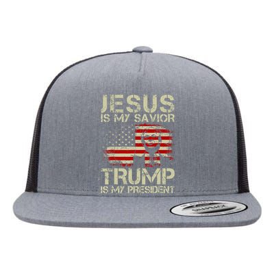 Jesus Is My Savior Trump Is My President Trump 2024 USA Flag Flat Bill Trucker Hat