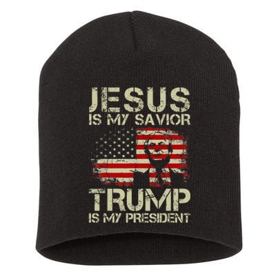 Jesus Is My Savior Trump Is My President Trump 2024 USA Flag Short Acrylic Beanie