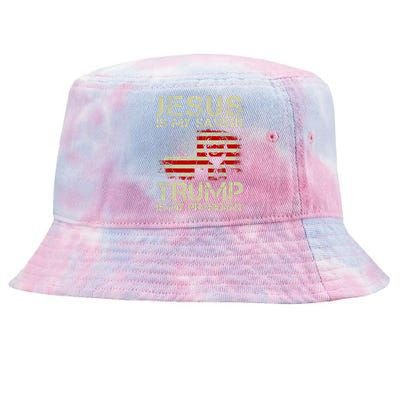 Jesus Is My Savior Trump Is My President Trump 2024 USA Flag Tie-Dyed Bucket Hat