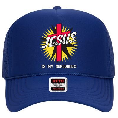 Jesus Is My Superhero Gift High Crown Mesh Back Trucker Hat