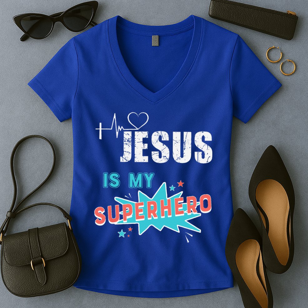 Jesus Is My Superhero Sweet Powerful Christian Women's V-Neck T-Shirt