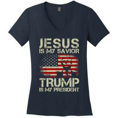 Jesus Is My Savior Trump Is My President Trump 2024 Usa Flag Women's V-Neck T-Shirt
