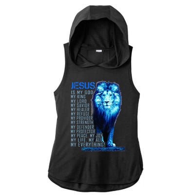 Jesus Is My God King My Lord My Savior Blue Lion Christian Ladies PosiCharge Tri-Blend Wicking Draft Hoodie Tank