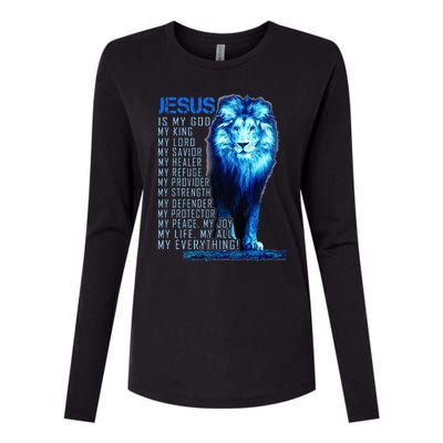 Jesus Is My God King My Lord My Savior Blue Lion Christian Womens Cotton Relaxed Long Sleeve T-Shirt