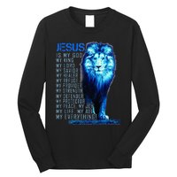 Jesus Is My God King My Lord My Savior Blue Lion Christian Long Sleeve Shirt