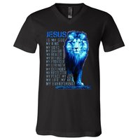 Jesus Is My God King My Lord My Savior Blue Lion Christian V-Neck T-Shirt