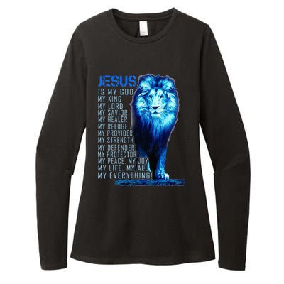 Jesus Is My God King My Lord My Savior Blue Lion Christian Womens CVC Long Sleeve Shirt