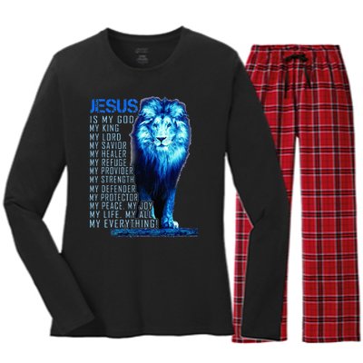 Jesus Is My God King My Lord My Savior Blue Lion Christian Women's Long Sleeve Flannel Pajama Set 