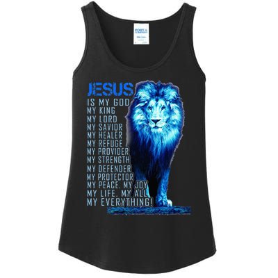 Jesus Is My God King My Lord My Savior Blue Lion Christian Ladies Essential Tank