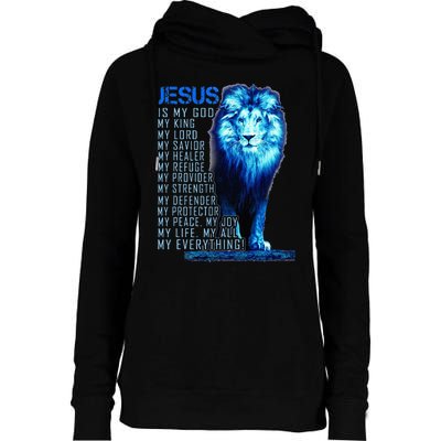 Jesus Is My God King My Lord My Savior Blue Lion Christian Womens Funnel Neck Pullover Hood