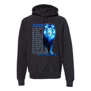 Jesus Is My God King My Lord My Savior Blue Lion Christian Premium Hoodie