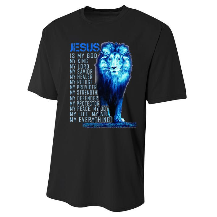 Jesus Is My God King My Lord My Savior Blue Lion Christian Performance Sprint T-Shirt