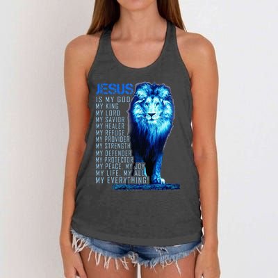 Jesus Is My God King My Lord My Savior Blue Lion Christian Women's Knotted Racerback Tank