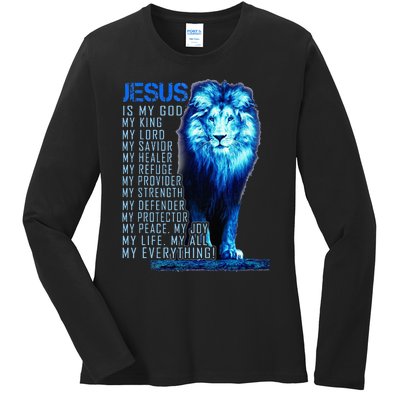 Jesus Is My God King My Lord My Savior Blue Lion Christian Ladies Long Sleeve Shirt