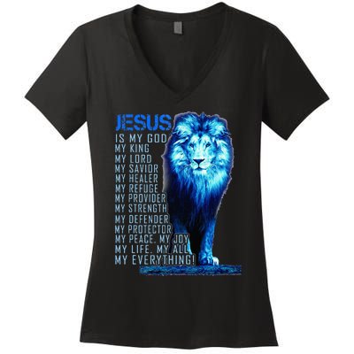 Jesus Is My God King My Lord My Savior Blue Lion Christian Women's V-Neck T-Shirt