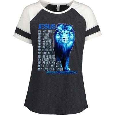 Jesus Is My God King My Lord My Savior Blue Lion Christian Enza Ladies Jersey Colorblock Tee