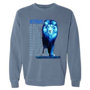 Jesus Is My God King My Lord My Savior Blue Lion Christian Garment-Dyed Sweatshirt