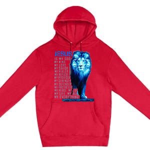 Jesus Is My God King My Lord My Savior Blue Lion Christian Premium Pullover Hoodie