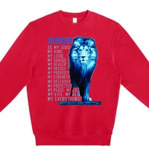 Jesus Is My God King My Lord My Savior Blue Lion Christian Premium Crewneck Sweatshirt