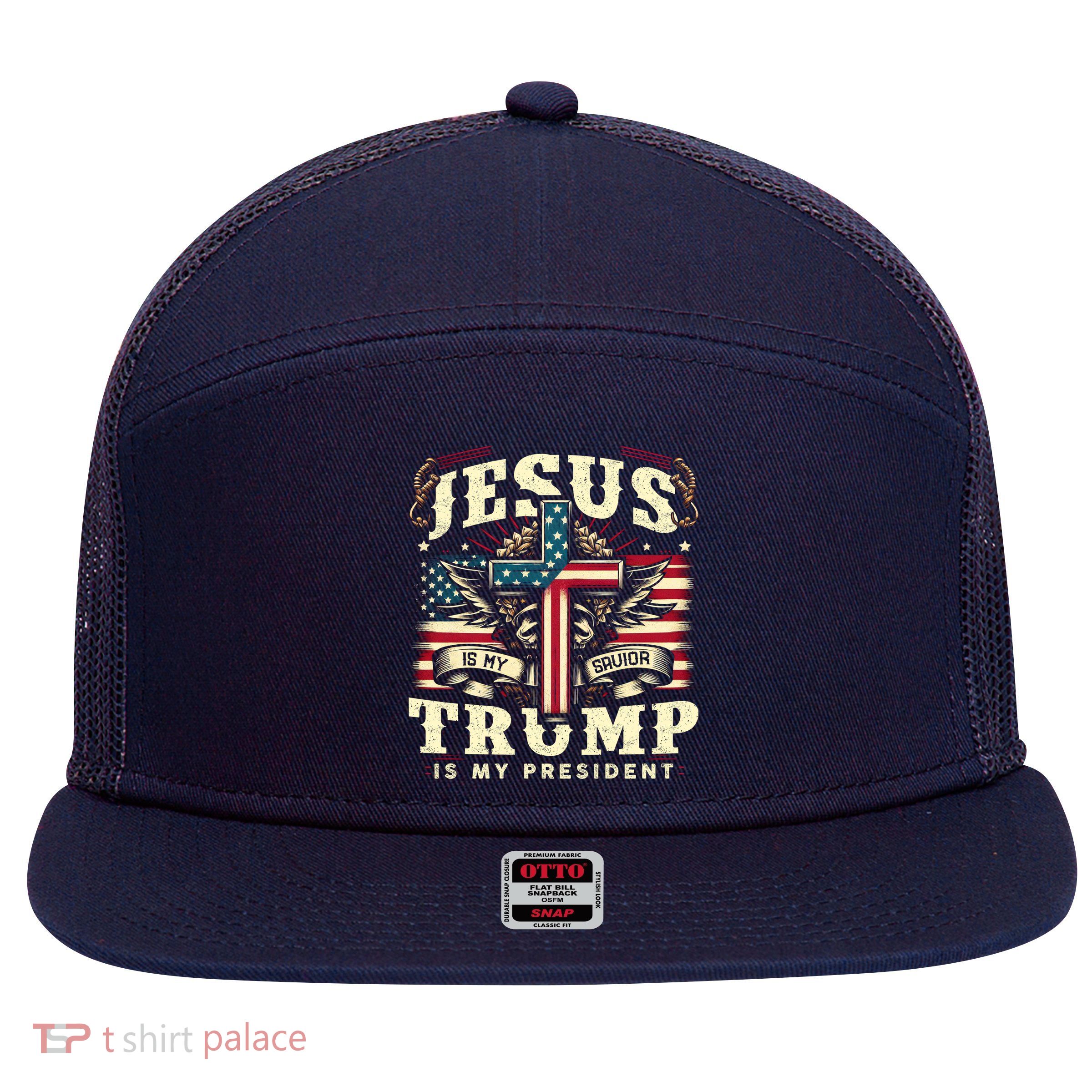 Jesus Is My Savior Donald Trump Is My President Usa Christian Flag 7 Panel Mesh Trucker Snapback Hat