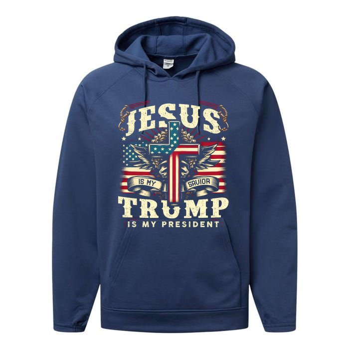 Jesus Is My Savior Donald Trump Is My President Usa Christian Flag Performance Fleece Hoodie