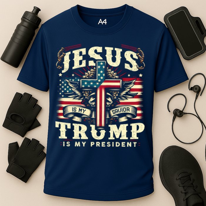 Jesus Is My Savior Donald Trump Is My President Usa Christian Flag Cooling Performance Crew T-Shirt