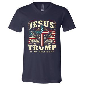 Jesus Is My Savior Donald Trump Is My President Usa Christian Flag V-Neck T-Shirt