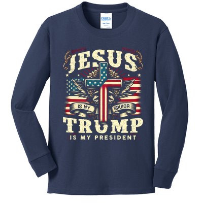 Jesus Is My Savior Donald Trump Is My President Usa Christian Flag Kids Long Sleeve Shirt