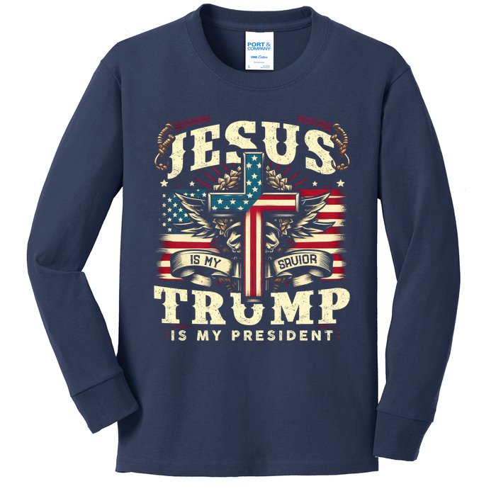 Jesus Is My Savior Donald Trump Is My President Usa Christian Flag Kids Long Sleeve Shirt