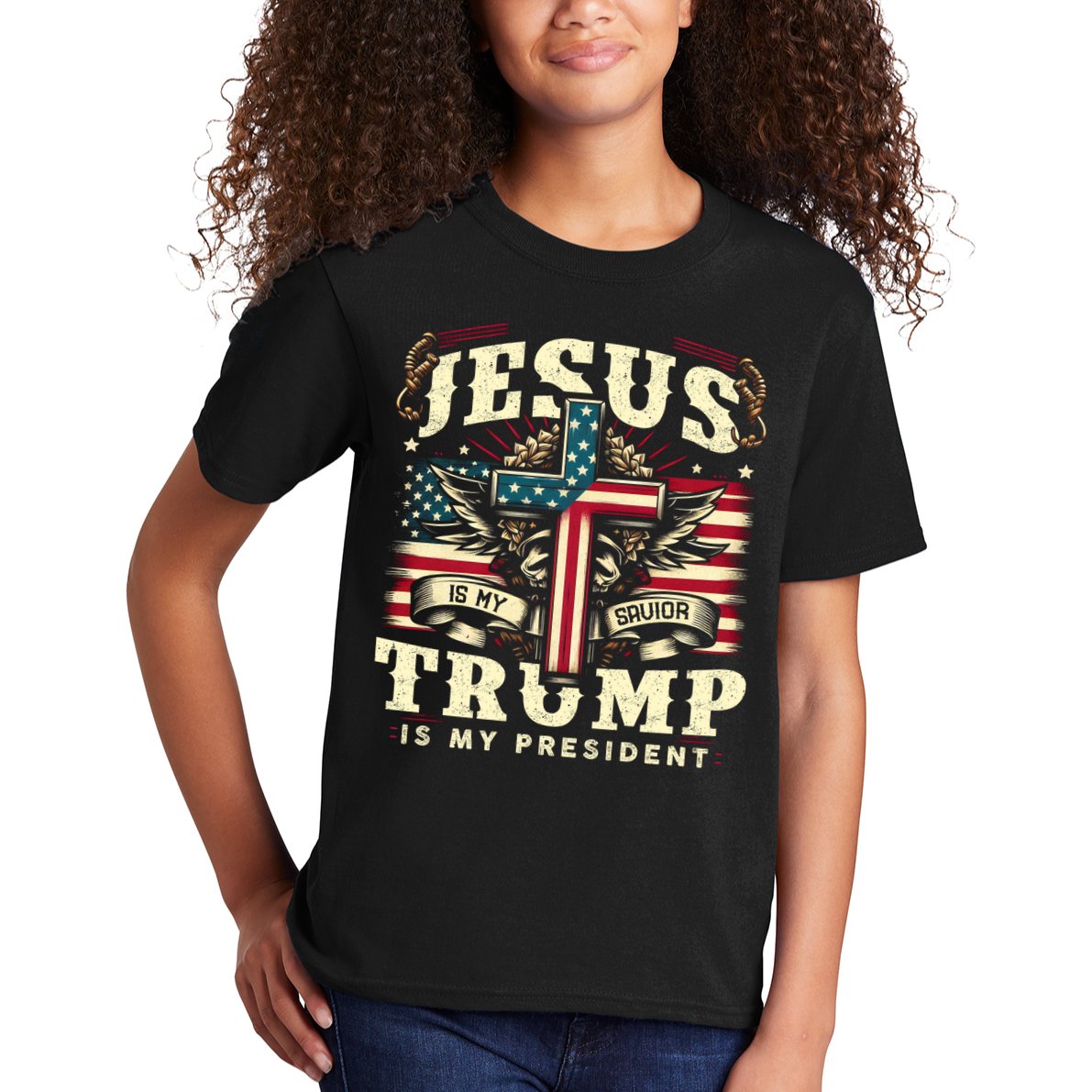 Jesus Is My Savior Donald Trump Is My President Usa Christian Flag Kids T-Shirt