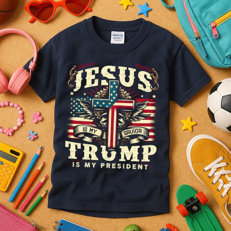 Jesus Is My Savior Donald Trump Is My President Usa Christian Flag Kids T-Shirt