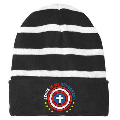 Jesus Is My Superhero Luke 1910 He Came To Save The Lost Striped Beanie with Solid Band