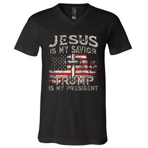 Jesus Is My Savior Trump Is My President American Flag V-Neck T-Shirt