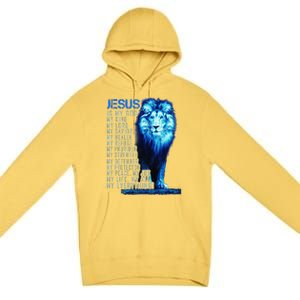 Jesus Is My God King My Lord My Savior Blue Lion Christian Premium Pullover Hoodie