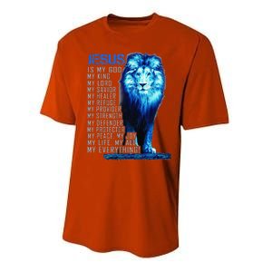 Jesus Is My God King My Lord My Savior Blue Lion Christian Performance Sprint T-Shirt