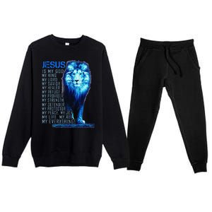 Jesus Is My God King My Lord My Savior Blue Lion Christian Premium Crewneck Sweatsuit Set