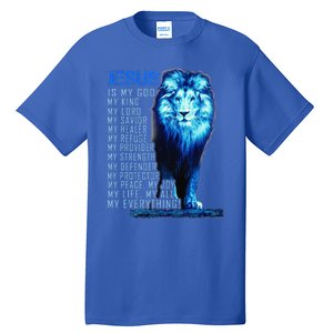 Jesus Is My God King My Lord My Savior Blue Lion Christian Tall T-Shirt