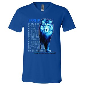 Jesus Is My God King My Lord My Savior Blue Lion Christian V-Neck T-Shirt