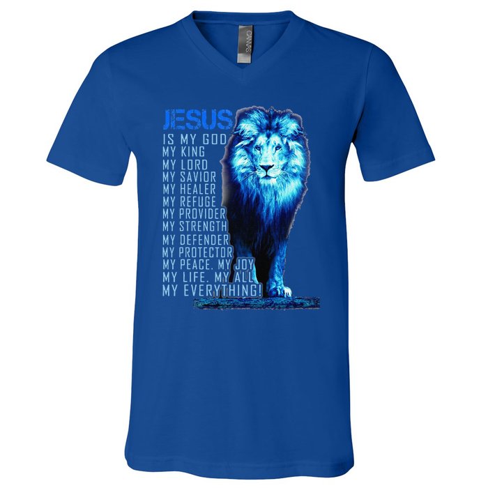 Jesus Is My God King My Lord My Savior Blue Lion Christian V-Neck T-Shirt