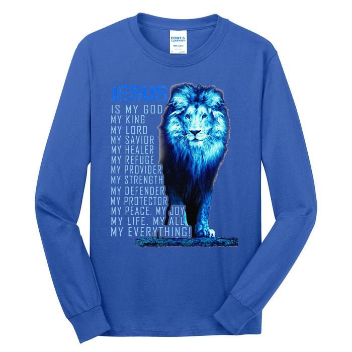 Jesus Is My God King My Lord My Savior Blue Lion Christian Tall Long Sleeve T-Shirt