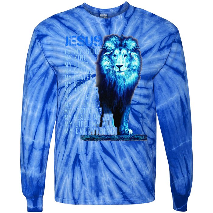 Jesus Is My God King My Lord My Savior Blue Lion Christian Tie-Dye Long Sleeve Shirt