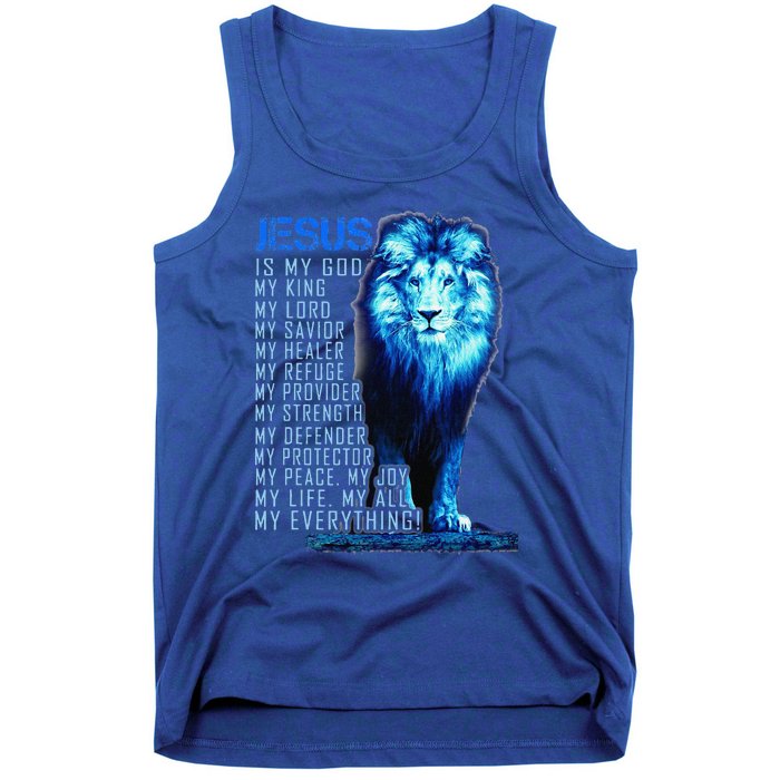 Jesus Is My God King My Lord My Savior Blue Lion Christian Tank Top